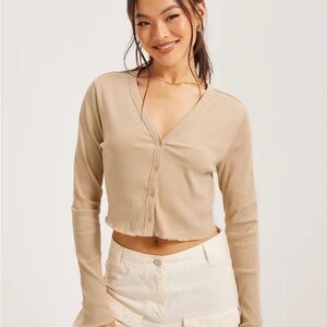 Noisy May- oatmeal Ribbed cropped button up cardigan- size XL